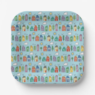 Hand Drawn Cute Whimsy Neighborhood Paper Plates