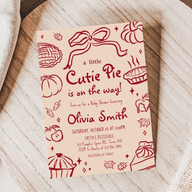 Hand Drawn Cutie Pie Autumn Baby Shower Invitation (A Little Cutie Pie Fall Baby Shower Invitation)