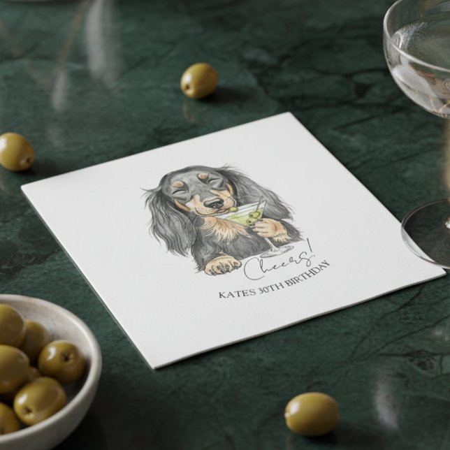 Hand Drawn Dachshund Dirty Martini Doodle Cocktail Napkins (Celebrate with this custom hand drawn dachshund martini cocktail napkin!)