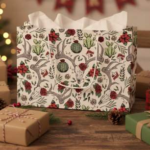Hand-Drawn Dark Floral Reindeer Skull Gothic Large Gift Bag