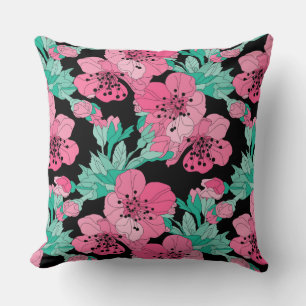 Hand Drawn Decorative Cherry Blossom Pattern Throw Pillow