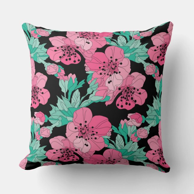 Hand Drawn Decorative Cherry Blossom Pattern  Throw Pillow (Front)