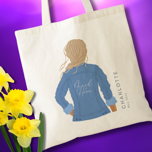 Hand Drawn Denim Jacket Blonde Hair Maid of Honor Tote Bag (Creator Uploaded)