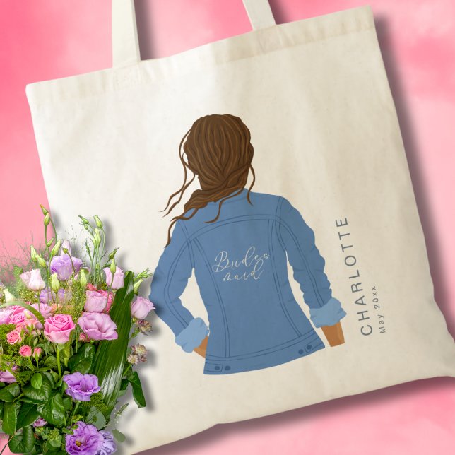 Hand Drawn Denim Jacket Brown Hair Bridesmaid Tote Bag (Creator Uploaded)