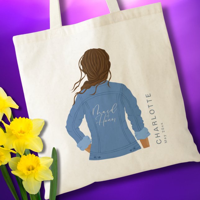 Hand Drawn Denim Jacket Brown Hair Maid of Honor Tote Bag (Creator Uploaded)