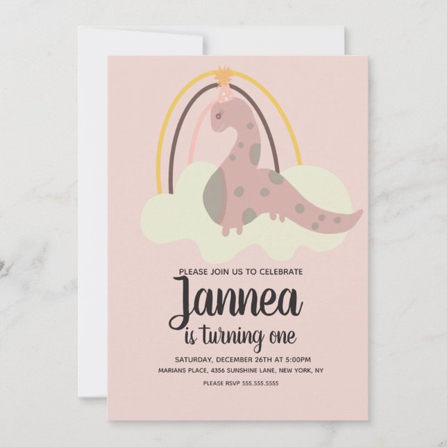 Hand Drawn Dinosaur Rainbow Birthday Party Pink In Invitation (Front)