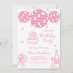 Hand Drawn Disco Ball Champagne Birthday Party Invitation