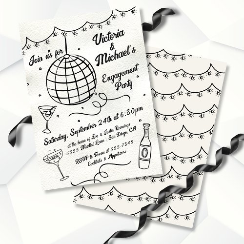 Hand Drawn Disco Ball Funky Engagement Party Invitation
