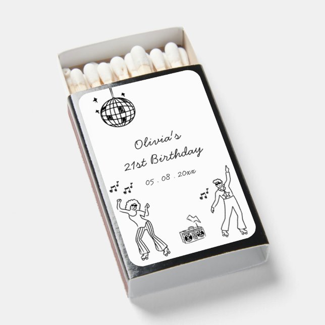 Hand Drawn Disco Roller Skating Birthday Matchboxes (Front Open)