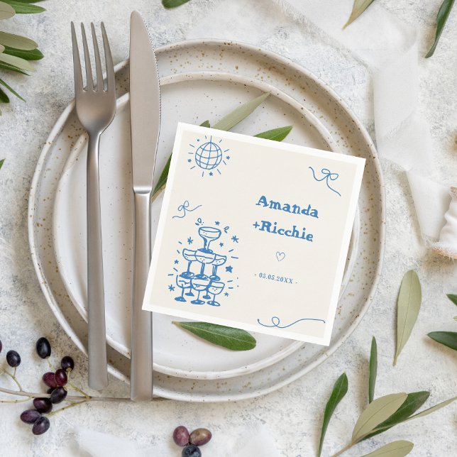 Hand Drawn Disco Whimsical Retro French Wedding Napkins (Creator Uploaded)