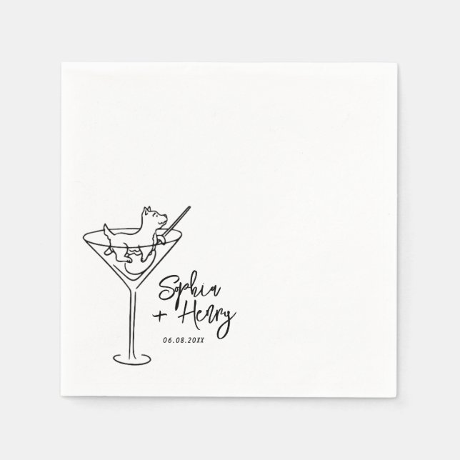 Hand Drawn Dog and Martini Whimsical Wedding  Napkins (Front)