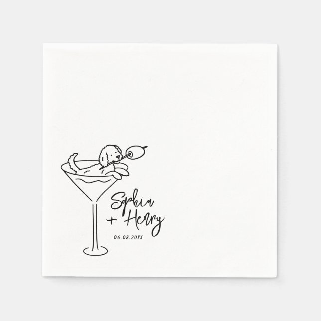 Hand Drawn Dog and Martini Whimsical Wedding  Napkins (Front)