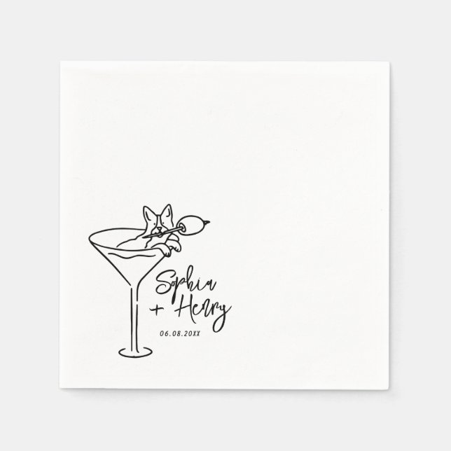 Hand Drawn Dog and Martini Whimsical Wedding  Napkins (Front)