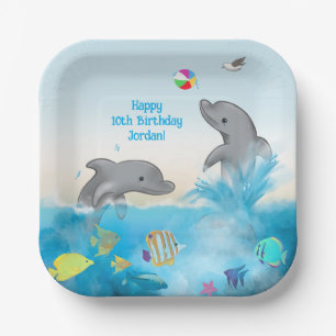 Hand-drawn Dolphin Volleyball Splash Ocean Paper Plates