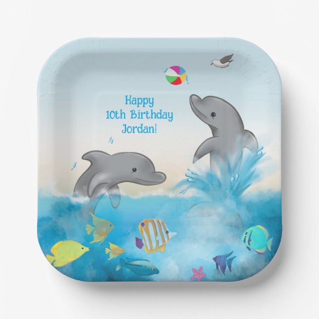 Hand-drawn Dolphin Volleyball Splash Ocean Paper Plates (Front)