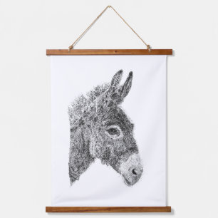 Hand Drawn Donkey Pointillism Black & White Animal Hanging Tapestry