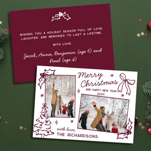 Hand Drawn Doodle 2 Photo Burgundy Merry Christmas Holiday Card