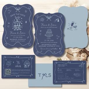 Hand Drawn Doodle Art Modern Scribble Blue Invitation