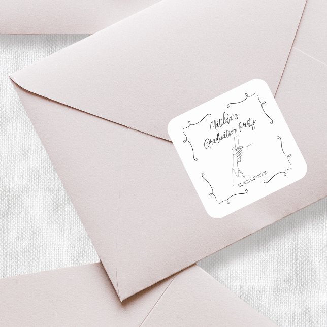 Hand Drawn Doodle Black & White Graduation Party Square Sticker (Hand Drawn Doodle Black & White Graduation Party Square Sticker)