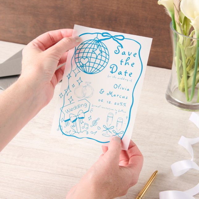 Hand Drawn Doodle Blue Wedding Save The Date Vellum Invitations (Handheld)