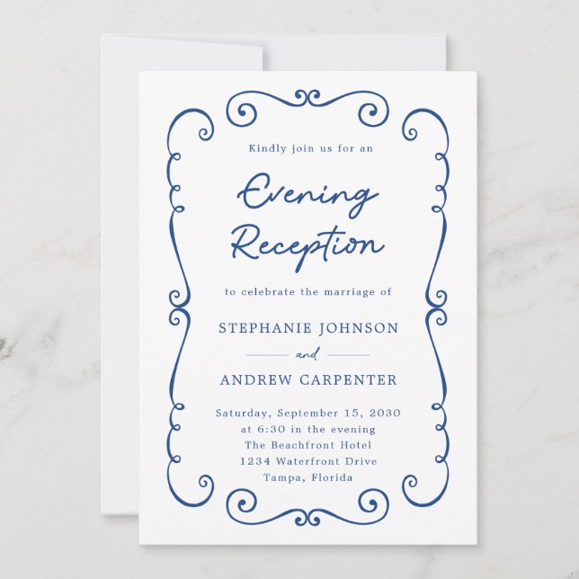 Hand Drawn Doodle Border Evening Wedding Reception Invitation (Front)