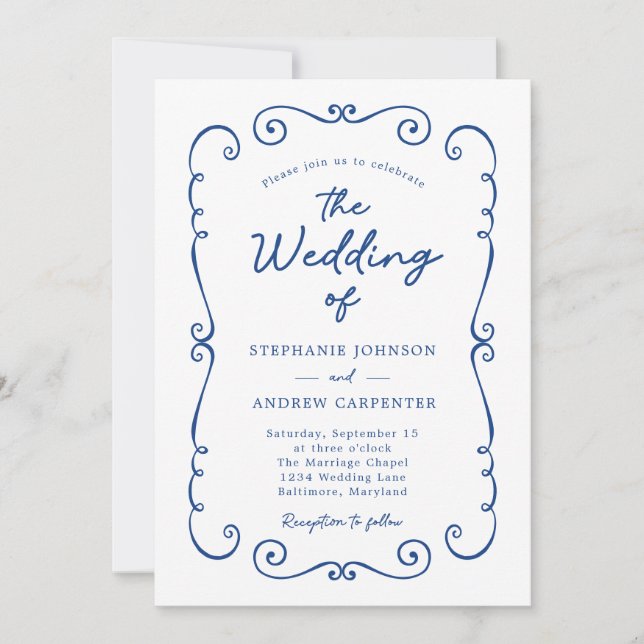 Hand Drawn Doodle Border QR Code Wedding Invitation (Front)