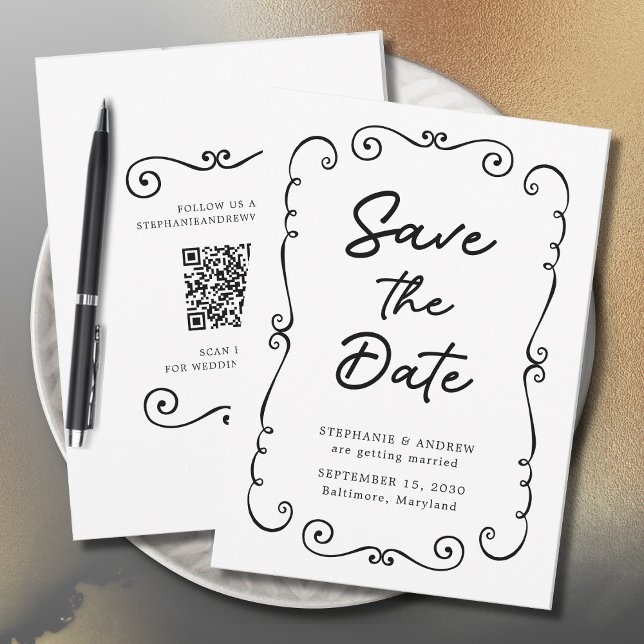 Hand Drawn Doodle Border Wedding Save the Date Invitation (Hand Drawn Doodle Border QR Code Wedding Save the Date Invitation)