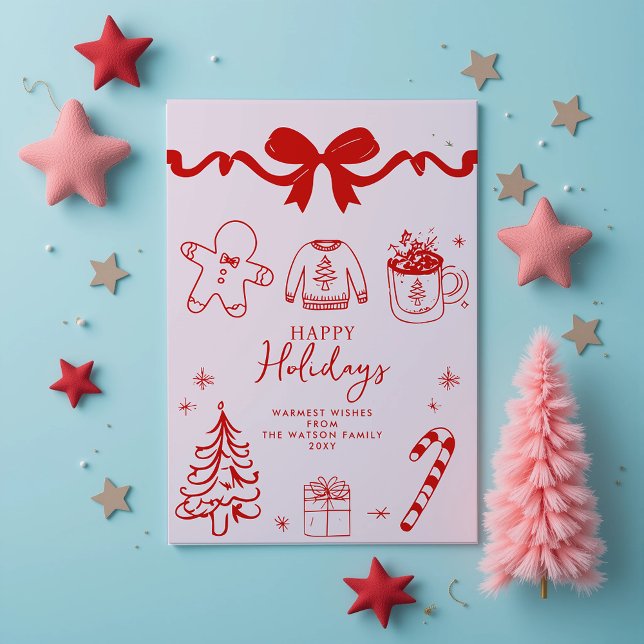 Hand Drawn Doodle Bow Red Pink Christmas  Holiday Postcard (Hand Drawn Doodle Red Pink Christmas Holiday Card)
