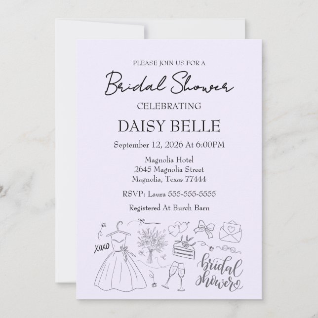 Hand Drawn Doodle Bridal Shower Invitation (Front)