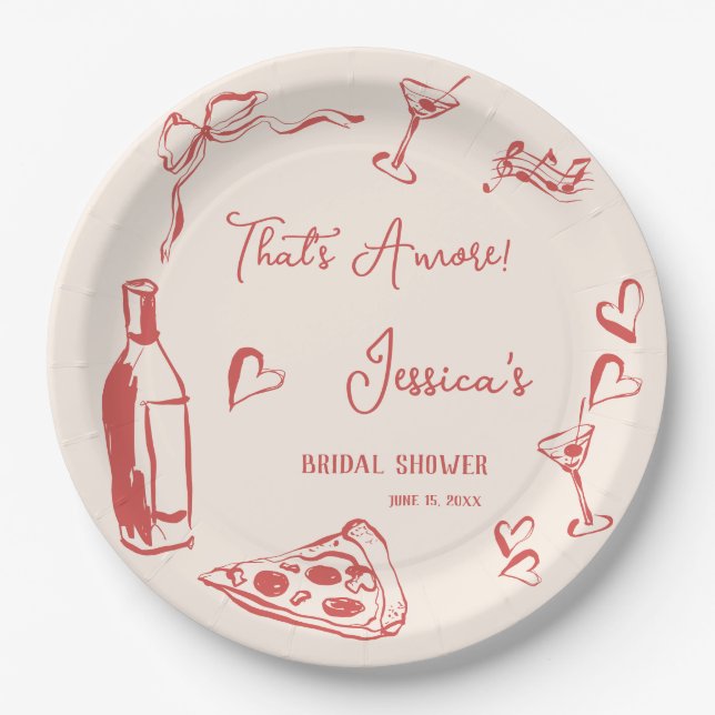 Hand Drawn Doodle Bridal Shower That's Amore pizza Paper Plates (Front)