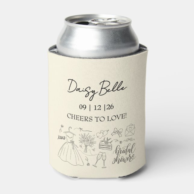 Hand Drawn Doodle Bridal Shower Yellow Can Cooler (Can Front)