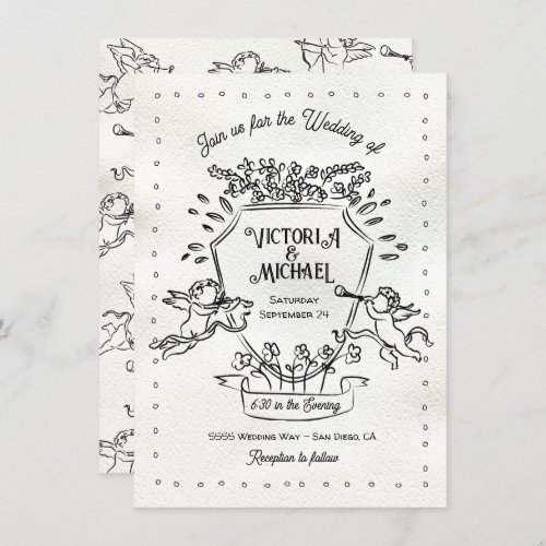 Hand Drawn Doodle Cherub Cupid Crest Wedding Invitation