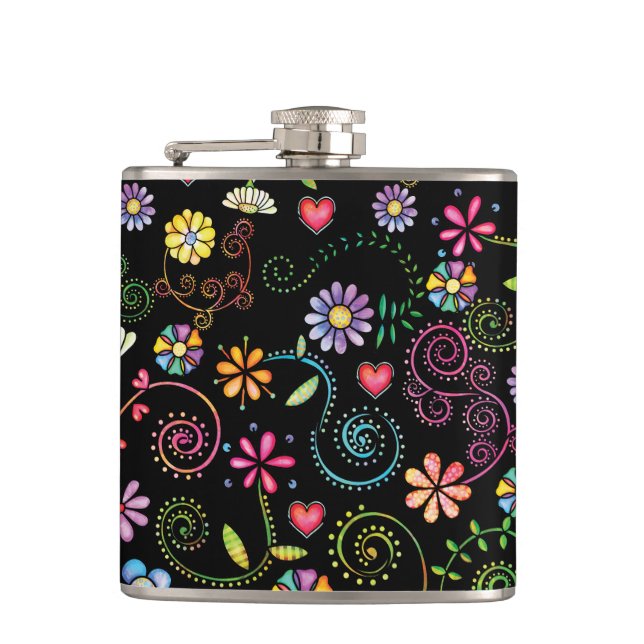 Hand Drawn Doodle Colorful Floral seamless pattern Flask (Front)