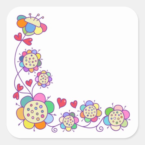 Hand Drawn Doodle Daisy Floral Corner Border Square Sticker