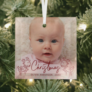 Hand Drawn Doodle Deer First Christmas Newborn Glass Ornament
