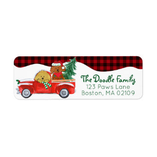 Hand Drawn Doodle Dogs Red Christmas Truck Label