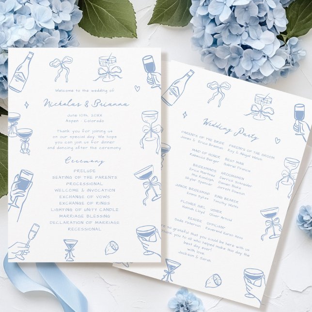 Hand Drawn Doodle Dusty Blue Wedding  Program (Creator Uploaded)