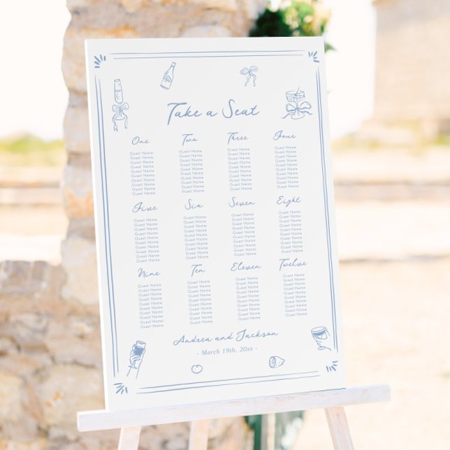 Hand Drawn Doodle Dusty Blue Wedding Seating Chart Foam Board (Creator Uploaded)