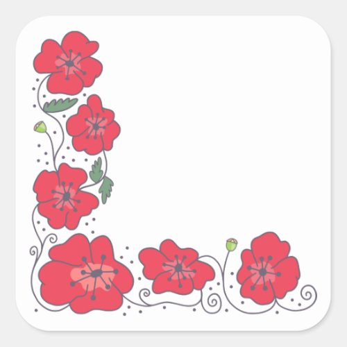 Hand Drawn Doodle Floral Poppy Corner Border Square Sticker