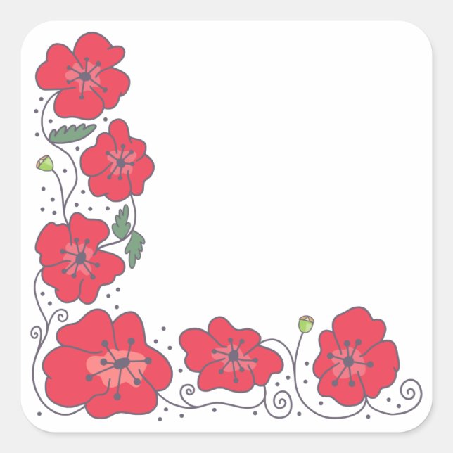 Hand Drawn Doodle Floral Poppy Corner Border Square Sticker (Front)