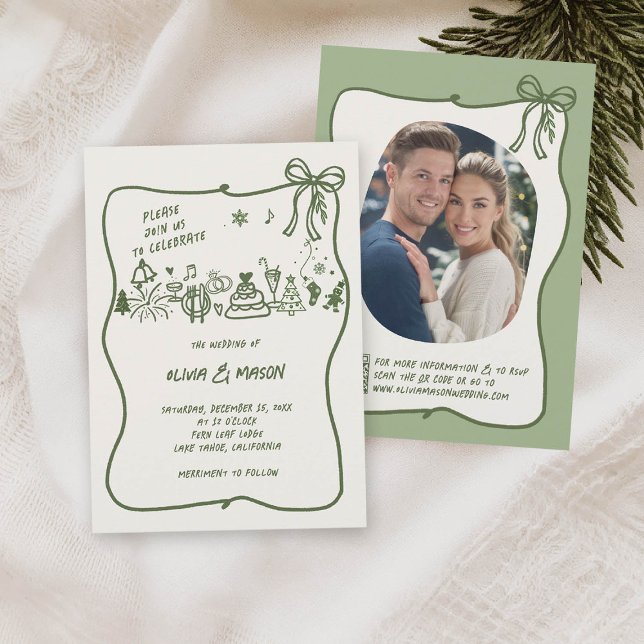 Hand-Drawn Doodle Frame Bow Sage Winter QR Wedding Invitation (HAND DRAWN winter wedding squiggle frame bow doodle illustration sage green qr code)