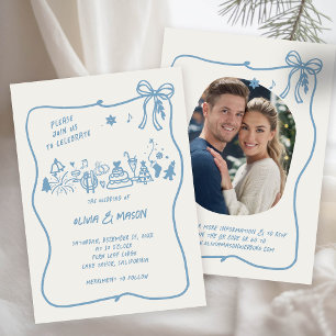 Hand-Drawn Doodle Frame Bow Winter Blue QR Wedding Invitation