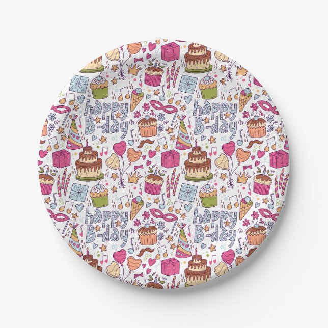 Hand Drawn Doodle Fun Happy Birthday  Paper Plates (Front)