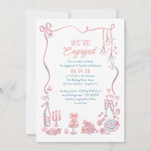 Hand Drawn Doodle Funky Whimsical Engagement Party Invitation