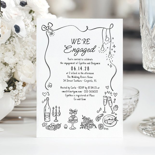 Hand Drawn Doodle Funky Whimsical Engagement Party Invitation (Whimsical funky drawings engagement party invitation)