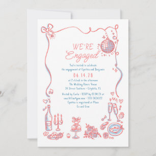 Hand Drawn Doodle Funky Whimsical Engagement Party Invitation
