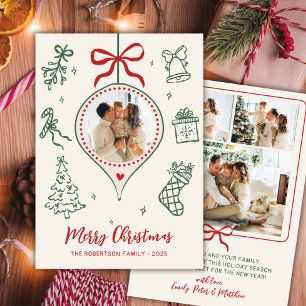 Hand-Drawn Doodle Green Red Photo Merry Christmas Holiday Card