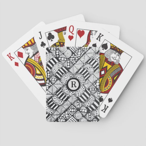 Hand-Drawn Doodle in Black and White with Monogram Poker Cards