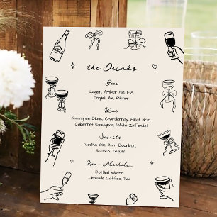 Hand Drawn Doodle Old Money Wedding Bar Drink Menu Foam Board