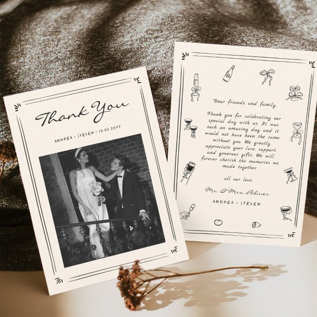 Hand Drawn Doodle Old Money Wedding Photo Thank You Card (Creator Uploaded)